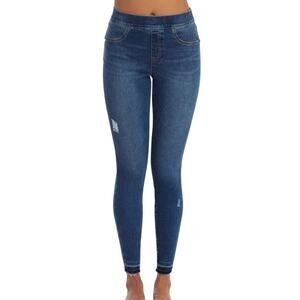 Spanx Distressed Skinny Jeans Raw Hem Pull On Pant Dark Wash Denim Womens M